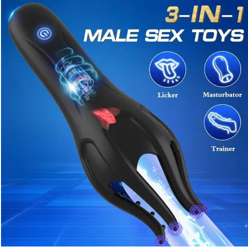 Electric shock tongue licking men with fully automatic penis glans exercise